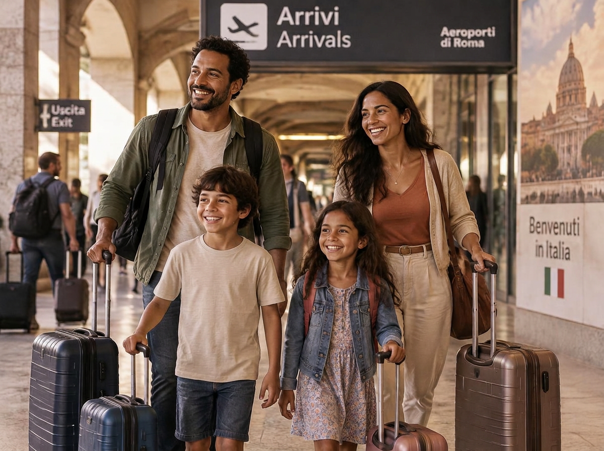 Família brasileira chegando ao aeroporto na Itália com malas