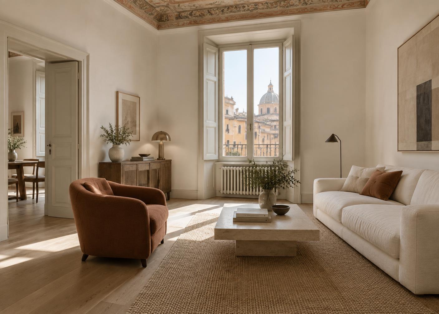 Mesmo apartamento italiano depois da reforma, mobiliado em tons de terracota e cal