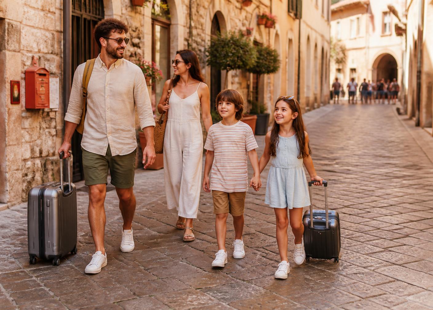 Família brasileira chegando a uma cidade italiana